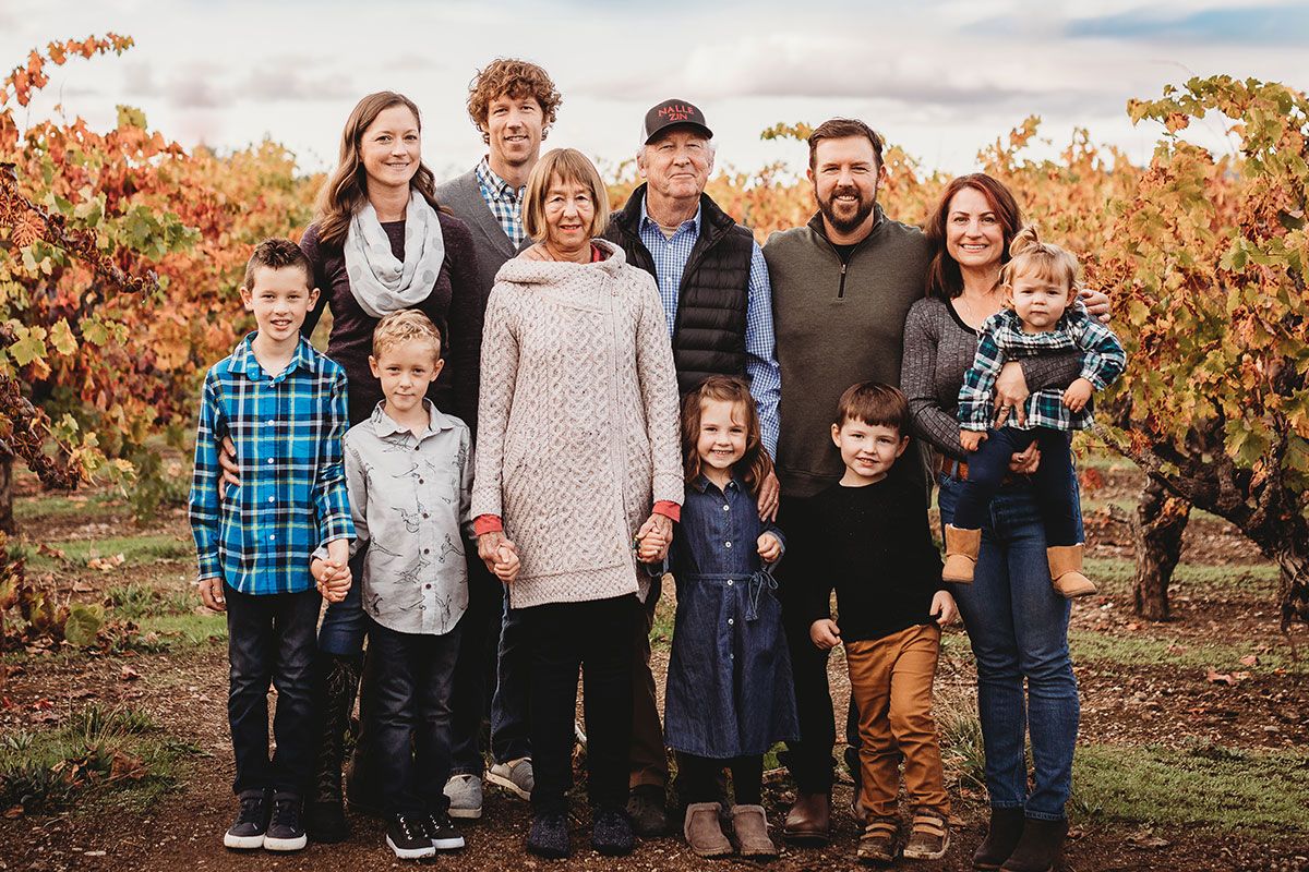 Entire Nalle Family in the old Zinfandel vineyard during the fall