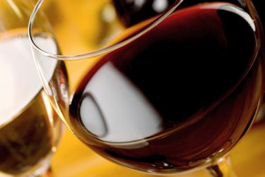 A close-up photo of dark ruby red Zinfandel in a wine glass